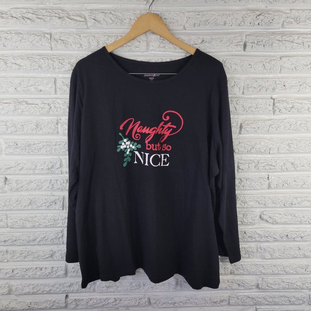 Dreams Co Women's 1X Black Cotton Pajama Tee Christmas Long Sleeve Crew BLA174E
